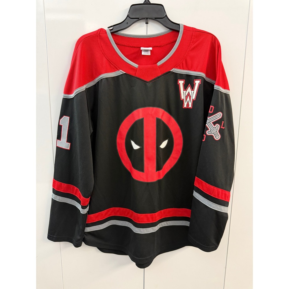 Marvel Deadpool Hockey Jersey Black Red Mesh Graphic Shirt Mens Medium 91